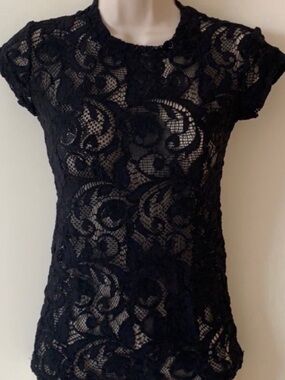 Calvin Rucker Black Stretch Lace Round Neck Short Sleeve Top Tee Shirt XS